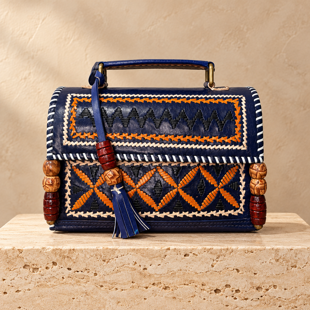 Navy Kutch Embroidery Hut Handbag on travertine pedestal