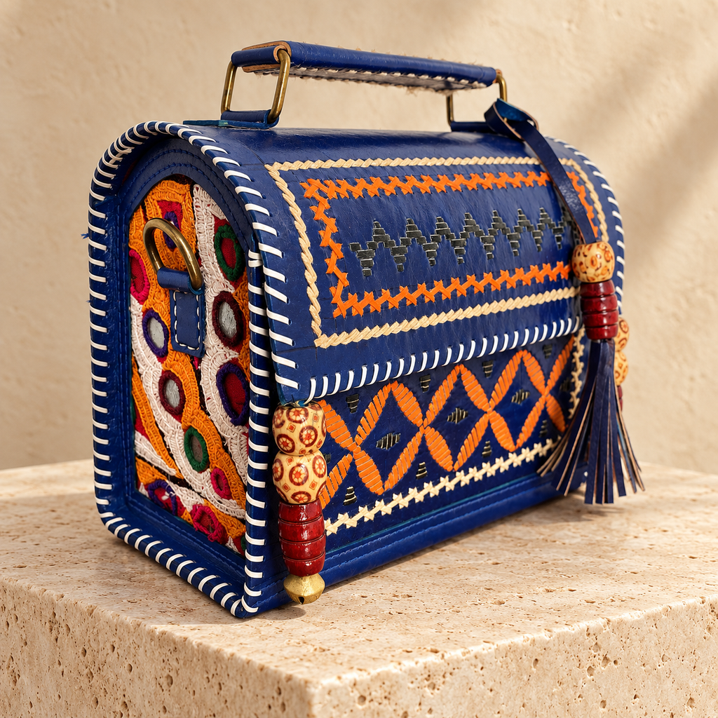 Side angle of Navy Kutch Embroidery Hut Handbag showing embroidered side panel and sling attachment