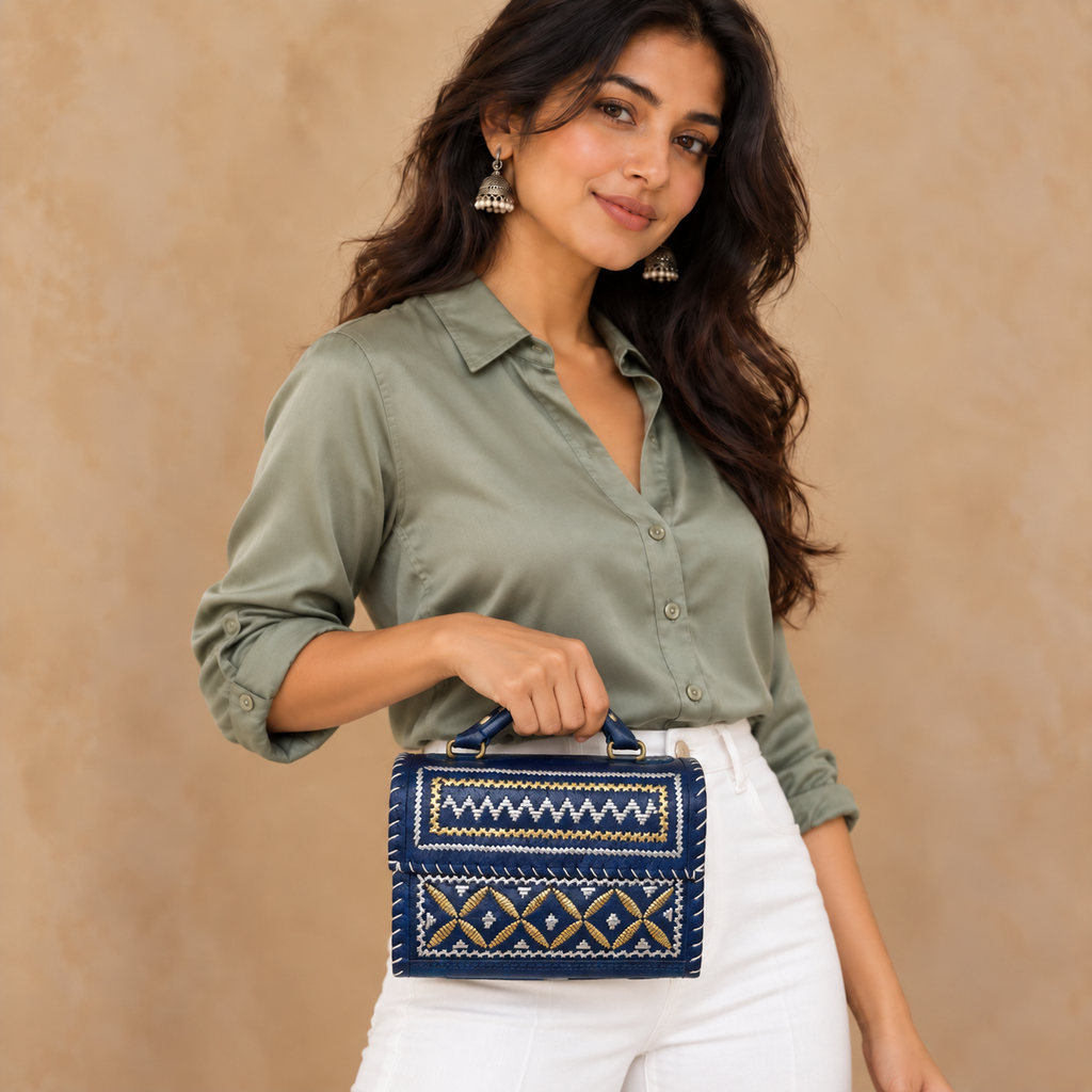 Navy metallic embroidery Hut Handbag held by model in white pants