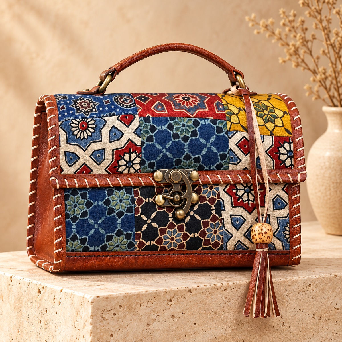 Hut Handbag – patchwork – on a stone pedestal