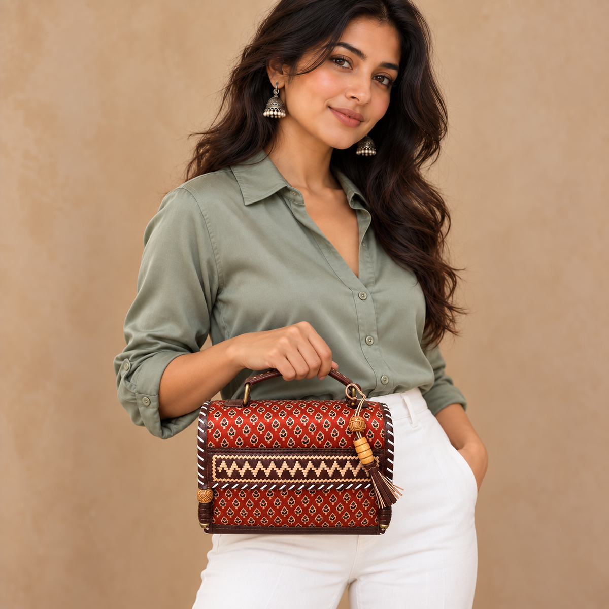 Hut Handbag in rust red – model wearing sage blouse and white pants
