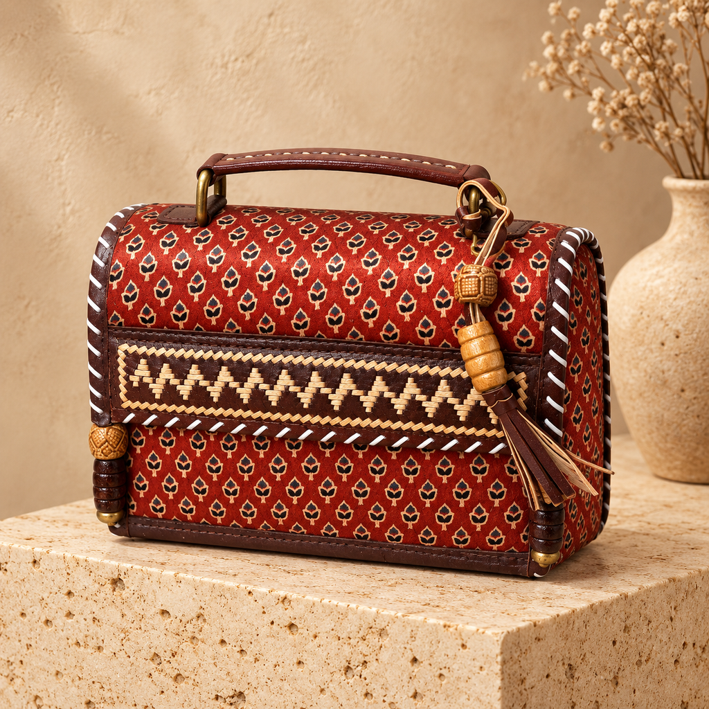 Hut Handbag in rust red – on a stone pedestal