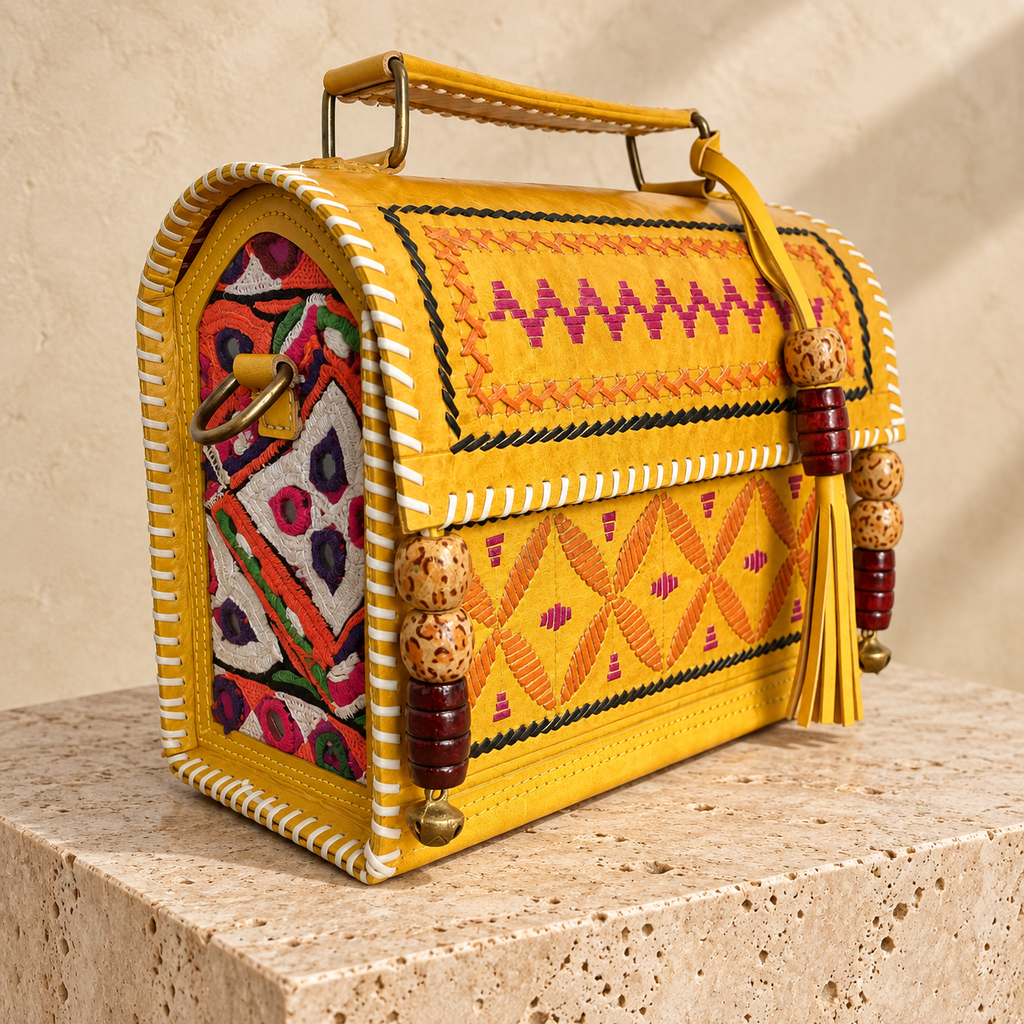 Side angle of Yellow Kutch Embroidery Hut Handbag showing embroidered side panel and sling attachment